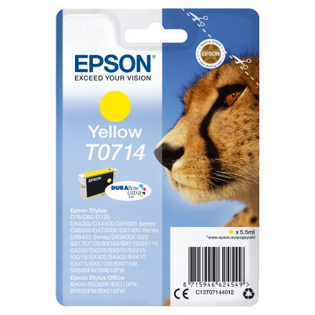Epson T0714 - 5.5 ml - yellow - original - ink cartridge - for Stylus DX9400, SX115, SX210, SX215, SX218, SX415, SX515, SX610; Stylus Office BX310, BX610 - 2