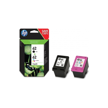 HP 62 Twin Pack - 2-pack - colour (cyan, magenta, yellow), pigmented black - original - black, colour (cyan, magenta, yellow) - ink cartridge - for ENVY 55XX, 56XX, 76XX; Officejet 200, 250, 252, 57XX, 8040 - 1