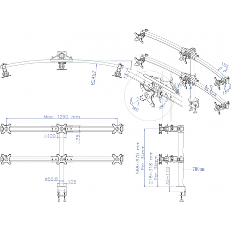 Neomounts by Newstar FPMA-D700D6 - Mounting kit - for 6 LCD displays (full-motion) - black - screen size: 19"-27" - clamp mountable, desk-mountable - 3