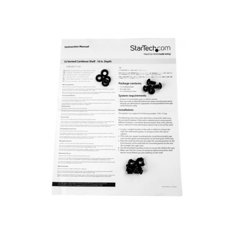 StarTech.com 1U Vented Server Rack Cabinet Shelf, 16in Deep Fixed Cantilever Tray, Rackmount Shelf for 19" AV / Data / Network Equipment Enclosure w /  Cage Nuts & Screws, 44lbs Weight Capacity - 1U Network Rack Shelf (CABSHELF116V) - Rack shelf - black - 1U - 16" - for P / N: CABSHELF116 - 2