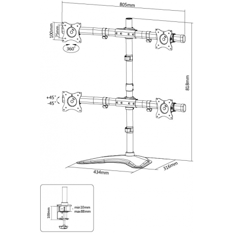Neomounts by Newstar Select NM-D335D4 - Stand - for 4 LCD displays (full-motion) - black - screen size: 10"-27" - desktop stand, clamp mountable, grommet, desk-mountable - 19
