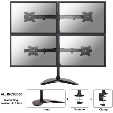 Neomounts by Newstar Select NM-D335D4 - Stand - for 4 LCD displays (full-motion) - black - screen size: 10"-27" - desktop stand, clamp mountable, grommet, desk-mountable - 20