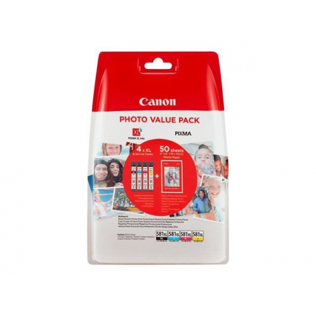 Canon CLI-581XL C / M / Y / BK Photo Value Pack - 4-pack - 8.3 ml - High Yield - black, yellow, cyan, magenta - original - ink tank  /  paper kit - for PIXMA TS6251, TS6350, TS6351, TS705, TS8252, TS8350, TS8351, TS8352, TS9550, TS9551 - 0