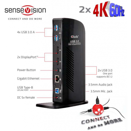 Club3D SenseVision USB 3.0 Dual Display 4K60Hz Docking Station - Docking station - USB - DP - GigE - 3