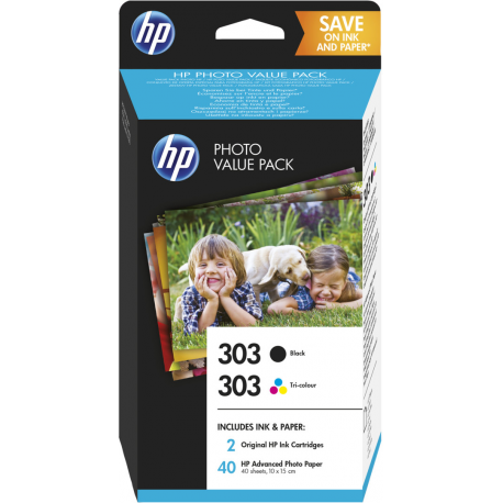 HP 303 Photo Value Pack - Glossy - 2-pack - 4 ml - black, colour (cyan, magenta, yellow) - print cartridge  /  paper kit - for Envy Photo 62XX, Photo 71XX, Photo 78XX; Envy Inspire 72XX, 79XX - 2