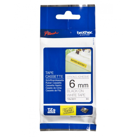 Brother TZe-S211 - Extra strength adhesive - black on white - Roll (0.6 cm x 8 m) 1 cassette(s) laminated tape - for Brother PT-D210, D600, H110; P-Touch PT-1005, 1880, E800, H110; P-Touch Cube Plus PT-P710 - 3