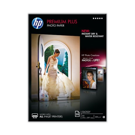 HP Premium Plus Photo Paper - Glossy - A4 (210 x 297 mm) - 300 g / m² - 20 sheet(s) photo paper - for ENVY 50XX; ENVY Inspire 7255, 79XX; Officejet 52XX, 80XX; Photosmart B110, Wireless B110 - 1