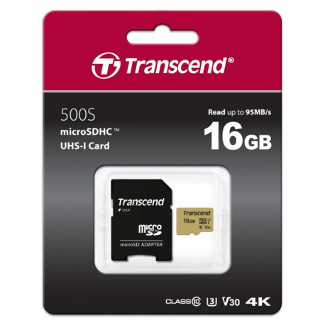 Transcend 500S - Flash memory card (microSDHC to SD adapter included) - 16 GB - Video Class V30  /  UHS-I U3  /  Class10 - microSDHC - 1
