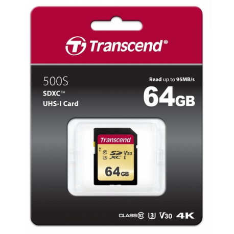 Transcend 500S - Flash memory card - 64 GB - Video Class V30  /  UHS-I U3  /  Class10 - SDXC UHS-I - 1