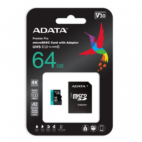 ADATA Premier Pro V30S - Flash memory card (SD adapter included) - 64 GB - A2  /  Video Class V30  /  UHS-I U3  /  Class10 - microSDXC UHS-I - 0