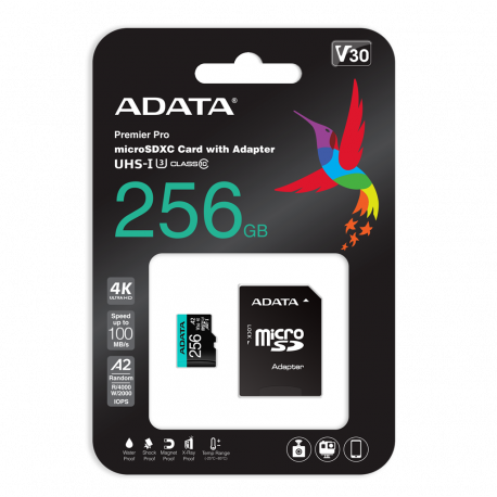 ADATA Premier Pro V30S - Flash memory card (SD adapter included) - 256 GB - A2  /  Video Class V30  /  UHS-I U3  /  Class10 - microSDXC UHS-I - 0