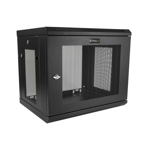 StarTech.com 2 Post 9U 19" Wall Mount Network Cabinet, Adjustable Depth 6-15" Locking IT Switch Depth Enclosure, Vented Computer / Electronics Equipment Data Rack w /  Shelf + Hook & Loop Tape - 19 Inch Wall Cabinet (RK9WALM) - Rack enclosure cabinet - wall mountable - black - 9U - 4