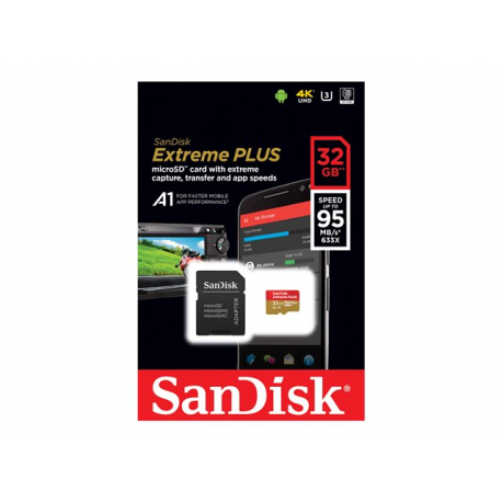 SanDisk Extreme PLUS - Flash memory card (microSDHC to SD adapter included) - 32 GB - A1  /  Video Class V30  /  UHS-I U3 - microSDHC UHS-I - 2