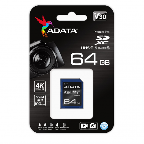 ADATA Premier Pro - Flash memory card - 64 GB - Video Class V30  /  UHS-I U3  /  Class10 - SDXC UHS-I - 1