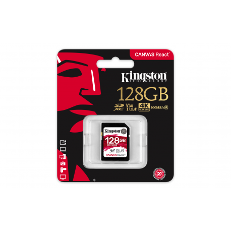 Kingston SDXC Canvas React 128GB 100R/80W CL10 UHS-I U3 V30 A1