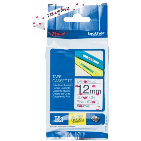 Brother TZe-MPPH31 - Black on pink hearts - Roll (1.2 cm x 4 m) 1 cassette(s) laminated tape - for Brother PT-H110; P-Touch PT-H105, H110; P-Touch Cube PT-P300; P-Touch Embellish PT-D215 - 2