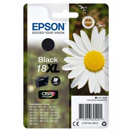 Epson 18XL - 11.5 ml - XL - black - original - ink cartridge - for Expression Home XP-212, 215, 225, 312, 315, 322, 325, 412, 415, 422, 425 - 3