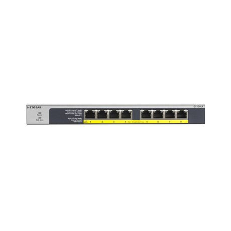 NETGEAR GS108LP - Switch - 8 x 10 / 100 / 1000 (PoE+) - desktop, rack-mountable, wall-mountable - PoE+ (60 W) - DC power - 7