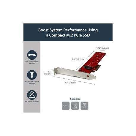 StarTech.com M2 PCIe SSD Adapter - x4 PCIe 3.0 NVMe  /  AHCI  /  NGFF  /  M-Key - Low Profile and Full Profile - SSD PCIe M.2 Adapter (PEX4M2E1) - Interface adapter - M.2 - Expansion Slot to M.2 - M.2 Card - PCIe x4 - red - for P / N: BNDTB10GI, BNDTB210GSFP, BNDTB310GNDP, BNDTB410GSFP, BNDTB4M2E1, BNDTBUSB3142 - 6