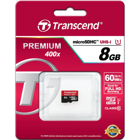 Transcend microSDHC Class 10 UHS-I (Premium) - Flash memory card - 8 GB - UHS Class 1  /  Class10 - microSDHC UHS-I - 2