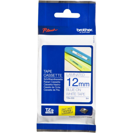 Brother TZe-233 - Blue on white - Roll (1.2 cm x 8 m) 1 cassette(s) laminated tape - for Brother PT-D210, D600, H110, P750, P950; P-Touch Cube PT-P300; P-Touch Cube Pro PT-P910 - 1