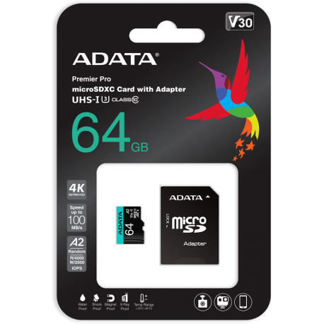 ADATA Premier Pro V30S - Flash memory card (SD adapter included) - 64 GB - A2  /  Video Class V30  /  UHS-I U3  /  Class10 - microSDXC UHS-I - 1