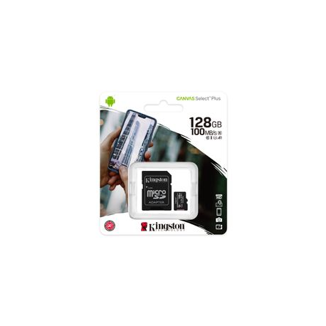 Kingston Canvas Select Plus - Flash memory card (microSDXC to SD adapter included) - 128 GB - A1  /  Video Class V10  /  UHS Class 1  /  Class10 - microSDXC UHS-I - 4