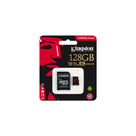 Kingston microSDXC Canvas React 128GB 100R/80W U3 UHS-I V30 A1 Card + SD Adptr