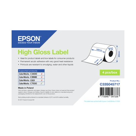 Epson - High-glossy - permanent acrylic adhesive - 102 x 51 mm 2310 label(s) (1 roll(s) x 2310) die cut labels - for ColorWorks C7500, C7500G, CW-C6000Ae, CW-C6000Pe, TM-C7500G - 1