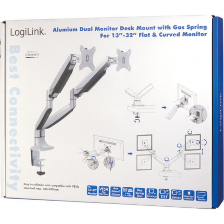 LogiLink - Mounting kit - for 2 monitors (adjustable arm) - aluminium, cold-rolled steel - screen size: 13"-32" - desk-mountable - 3