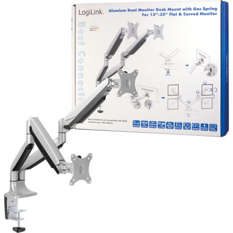 LogiLink - Mounting kit - for 2 monitors (adjustable arm) - aluminium, cold-rolled steel - screen size: 13"-32" - desk-mountable - 4