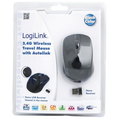 LogiLink Maus Optical Wireless 2.4 GHz Mini - Mouse - optical - 3 buttons - wireless - 2.4 GHz - USB wireless receiver - black - 2