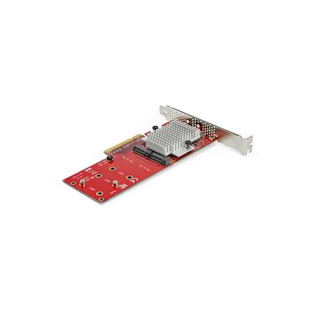 StarTech.com Dual M.2 PCIe SSD Adapter Card, x8  /  x16 Dual NVMe or AHCI M.2 SSD to PCI Express 3.0, M.2 NGFF PCIe (M-Key) Compatible, Vented, Supports 2242, 2260, 2280, JBOD, Mac & PC - Full / Low-Profile Brackets (PEX8M2E2) - Interface adapter - M.2 - Expansion Slot to M.2 - M.2 Card - low profile - PCIe 3.0 x8 - red - TAA Compliant - 1