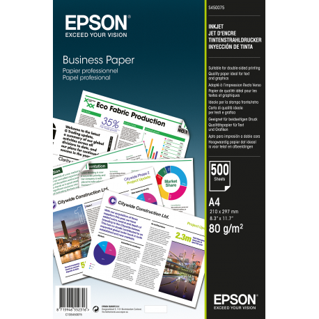 Epson Business Paper - A4 (210 x 297 mm) - 80 g / m² - 500 sheet(s) plain paper - for EcoTank ET-2850, 2851, 2856, 4850, L6460, L6490; WorkForce Pro RIPS WF-C879, WF-C5790 - 2
