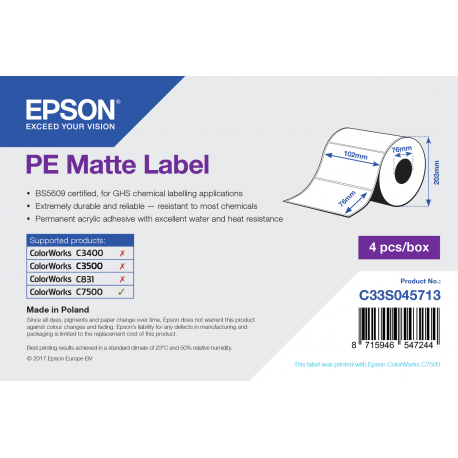 Epson PE - Matte - permanent acrylic adhesive - 102 x 76 mm 6280 label(s) (4 roll(s) x 1570) die cut labels - for ColorWorks C7500, C7500G, CW-C6000Ae, CW-C6000Pe, TM-C7500 - 1