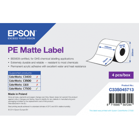 Epson PE - Matte - permanent acrylic adhesive - 102 x 76 mm 6280 label(s) (4 roll(s) x 1570) die cut labels - for ColorWorks C7500, C7500G, CW-C6000Ae, CW-C6000Pe, TM-C7500 - 2