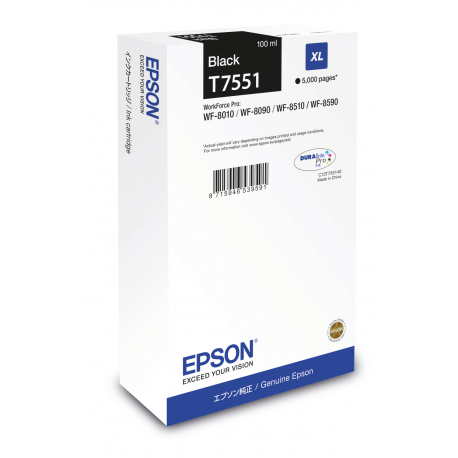 Epson T7551 - 100 ml - XL size - black - original - ink cartridge - for WorkForce Pro WF-8010, WF-8090, WF-8090 D3TWC, WF-8510, WF-8590, WF-8590 D3TWFC - 2