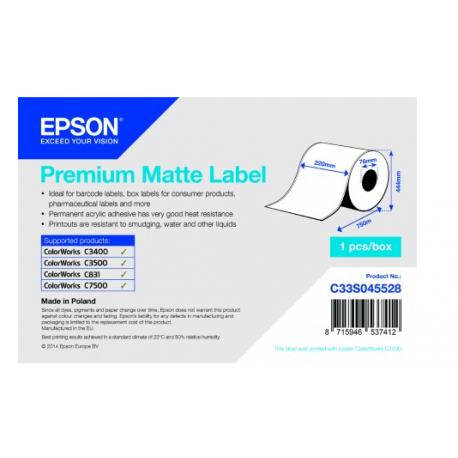 Epson Premium - Matte - bright white - Roll (22 cm x 750 m) 1 roll(s) label continuous paper - for Epson TM-C3400; ColorWorks CW-C4000, CW-C6000, TM-C7500; TM C3400, C3500 - 1