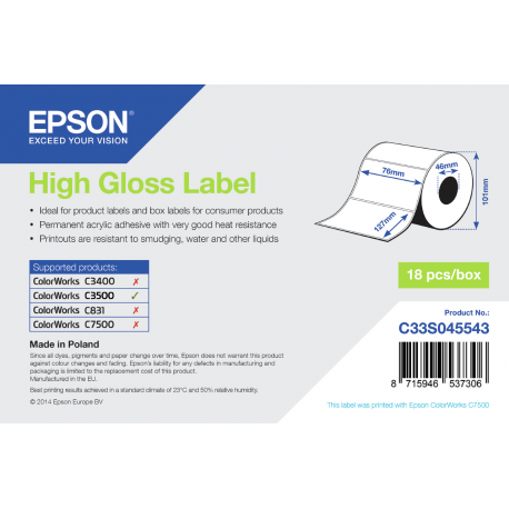 Epson - High-glossy - 76 x 127 mm 250 label(s) (1 roll(s) x 250) die cut labels - for ColorWorks CW-C4000E (BK), CW-C4000E (MK); TM C3500 - 0