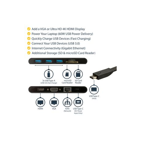 StarTech.com USB C Multiport Adapter, USB Type-C Mini Dock with HDMI 4K or 1080p VGA Video, 100W PD Passthrough, 3x USB 3.0, Gigabit Ethernet, SD & MicroSD Card Reader, USB 3.0 Adapter - USB C HDMI Travel Dock (DKT30CHVSCPD) - Docking station - USB-C - VGA, HDMI - GigE - 7
