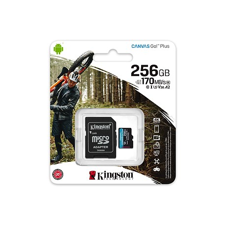 Kingston - Flash memory card (microSDXC to SD adapter included) - 256 GB - A2 / Video Class V30 / UHS-I U3 / Class10 - microSDXC UHS-I - 3