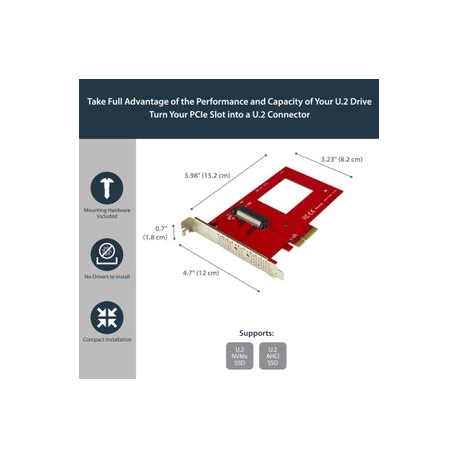 StarTech.com U.2 to PCIe Adapter for 2.5" U.2 NVMe SSD - SFF-8639 - x4 PCI Express 3.0 - Interface adapter - 2.5" - Ultra M.2 Card - PCIe 3.0 x4 - red - for P / N: BNDTB10GI, BNDTB210GSFP, BNDTB310GNDP, BNDTB410GSFP, BNDTB4M2E1, BNDTBUSB3142 - 6