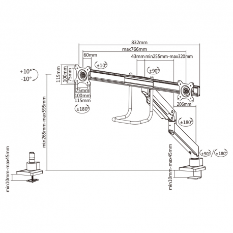 Neomounts by Newstar Select NM-D775DX - Mounting kit - for 2 LCD displays (full-motion) - white - screen size: 10"-32" - clamp mountable, grommet, desk-mountable - 8