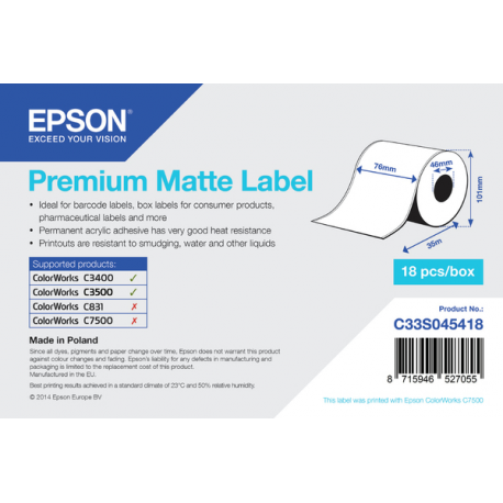 Epson Premium - Matte - Roll (7.6 cm x 35 m) 1 roll(s) label continuous paper - for Epson TM-C3400-LT; ColorWorks CW-C4000E (BK), CW-C4000E (MK); TM C3400, C3400BK, C3500 - 2