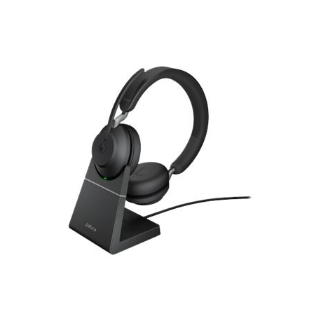 Jabra Evolve2 65 MS Stereo - Headset - on-ear - Bluetooth - wireless - USB-A - noise isolating - black - with charging stand - Certified for Microsoft Teams - 0