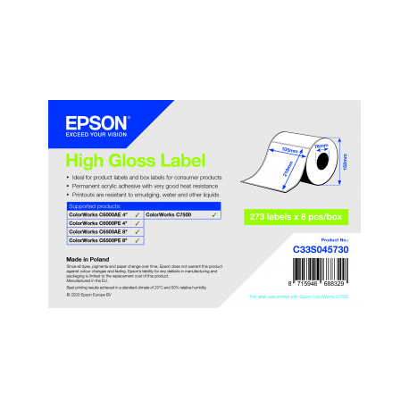 Epson - High-glossy - permanent acrylic adhesive - 105 x 210 mm 2184 label(s) (8 roll(s) x 273) die cut labels - for ColorWorks CW-C6000Ae, CW-C6000Pe, CW-C6500Ae, CW-C6500Pe - 2