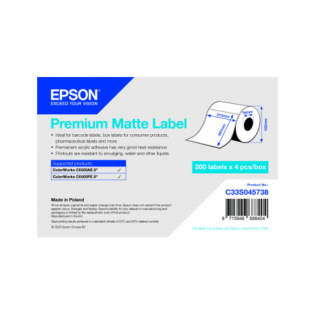 Epson Premium - Smooth matte - permanent acrylic adhesive - bright white - A4 (210 x 297 mm) 800 label(s) (4 roll(s) x 200) die cut labels - for ColorWorks CW-C6500Ae, CW-C6500Pe - 2