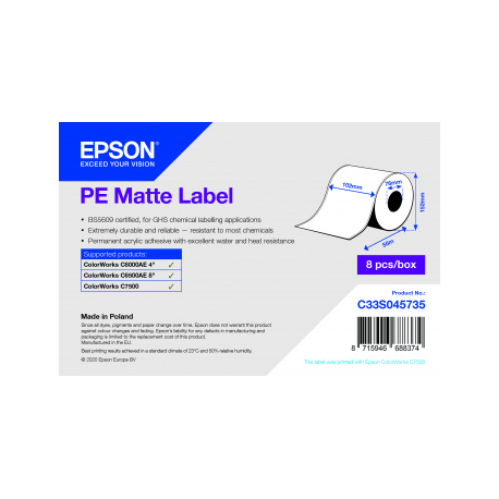 Epson PE - Synthetic - matte - acrylic adhesive - white - Roll (10.2 cm x 55 m) 8 roll(s) continuous labels - for ColorWorks CW-C6000Ae, CW-C6500Ae, CW-C6500Pe, TM-C7500, TM-C7500G - 1