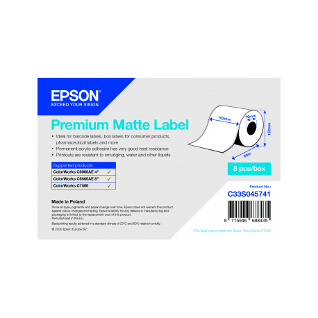 Epson Premium - Matte - permanent acrylic adhesive - Roll (10.2 cm x 60 m) 8 roll(s) continuous labels - for ColorWorks CW-C6000Ae, CW-C6500Ae, CW-C6500Pe, TM-C7500, TM-C7500G - 2