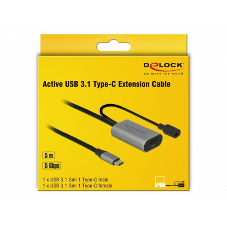 DeLOCK - USB extension cable - USB-C (M) to DC jack, USB-C (F) - USB 3.1 Gen 1 - 5 m - grey, black - 3